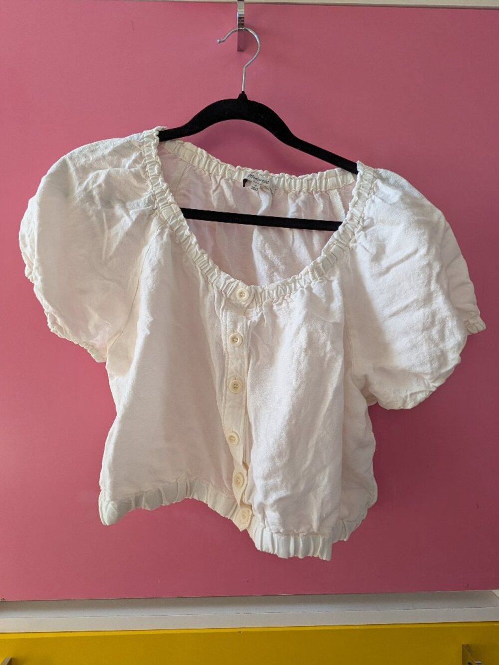 Madewell Cream Linen Blend Puff Sleeve Crop Top Button Front Size Medium